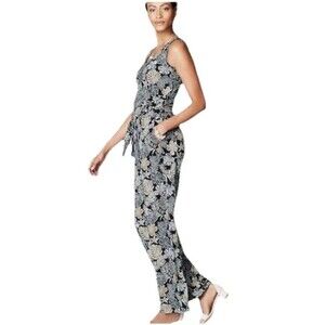 J Jill Wearever Wide Leg Jumpsuit 1X Black Floral V-Neck Tie Belt Stretch NWT